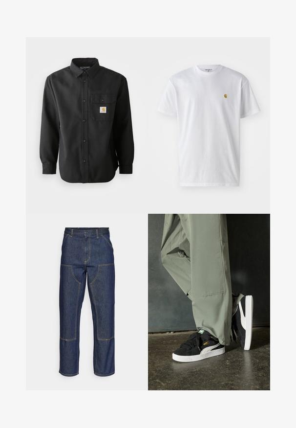 Svart langermet skjorte med knappelukking i front, spiss krage og brystlomme med en logopatch. Mykt, strukturert stoff.; Hvit bomull t-skjorte med korte ermer, rund hals, med en liten gulllogo på venstre brystområde. Myk tekstur og vanlig passform.; Mørkeblå denimjeans med høy midje, rette ben, kontrasterende sømmer og lommer på forsiden.; Sorte semskede sneakers med hvite gummisåler og sidestiper, sammen med lysegrønne cargo-bukser, står på en teksturert mørk overflate.