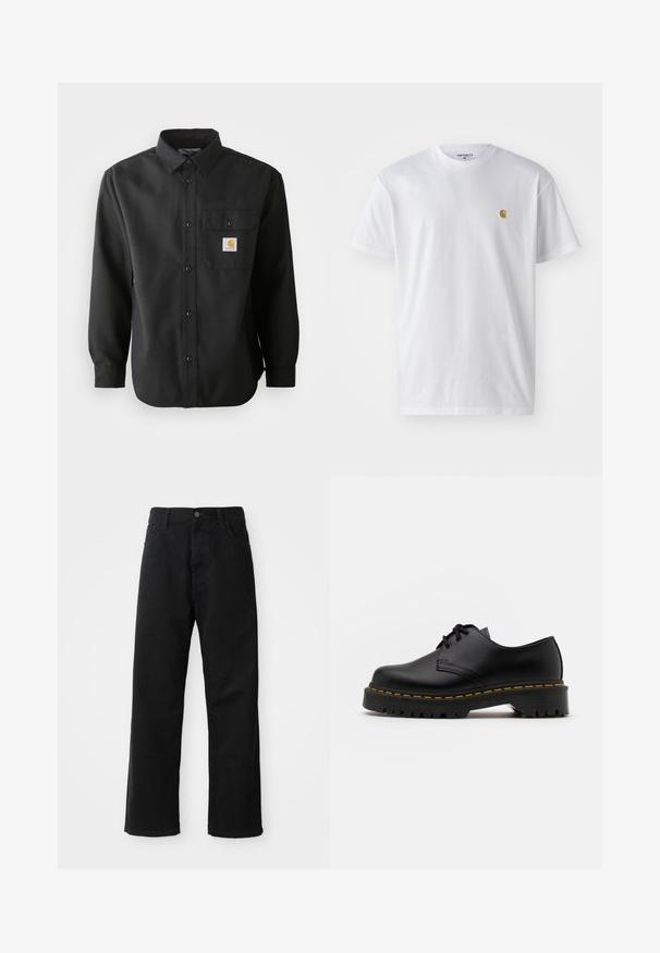 Maglietta nera a maniche lunghe con bottoni sul davanti, colletto a punta e taschino sul petto con una toppa con logo. Tessuto morbido e strutturato.; T-shirt bianco in cotone con maniche corte, con colletto girocollo, caratterizzato da un piccolo logo dorato sulla parte sinistra del petto. Tessuto morbido e vestibilità regolare.; Pantaloni in denim nero con taglio dritto, caratterizzati da tasche frontali, chiusura con zip e un singolo bottone superiore. Tessuto testurizzato con finitura opaca.; Scarpa nera in pelle con lacci, punta arrotondata, suola in gomma texturizzata e cuciture gialle attorno alla base. Design piatto e finitura liscia.