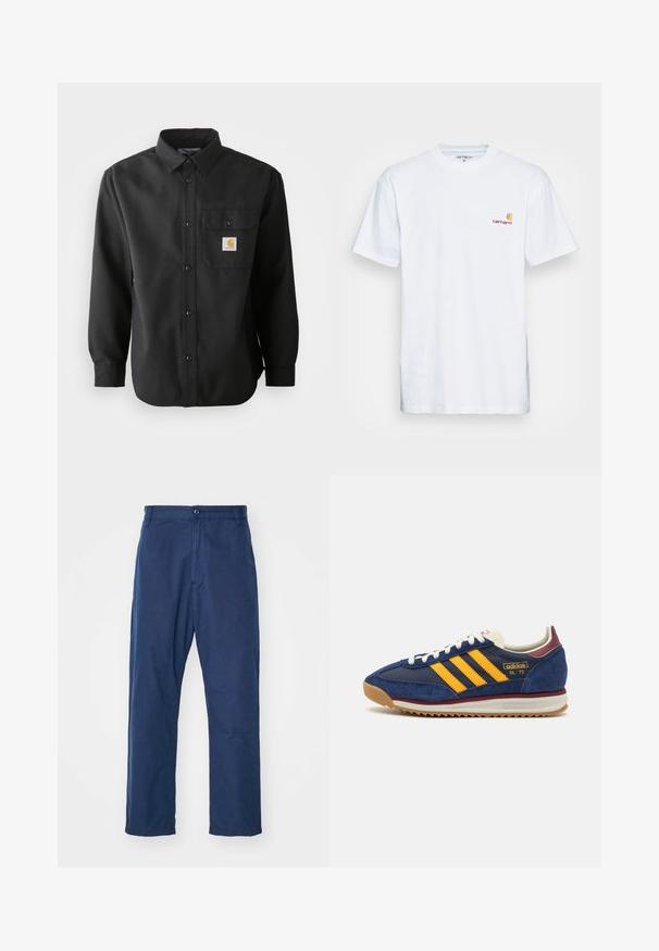 Camisa preta de manga longa com frente abotoada, colarinho pontiagudo e um bolso no peito com um patch de logótipo. Tecido suave e texturizado.; T-shirt de algodão branco com mangas curtas. Apresenta um pequeno logótipo laranja e castanho-escuro no lado esquerdo do peito. Tem um clássico decote redondo.; Calças de perna reta, azul-marinho, feitas de algodão. Apresentam um fecho frontal com botão e uma textura subtil, com bolsos laterais e passantes para cinto.; Sneaker de camurça azul-marinho com riscas amarelas, atacadores brancos e realces em bordeaux. Sola texturizada com relevos para aderência. Logótipo da marca de lado.