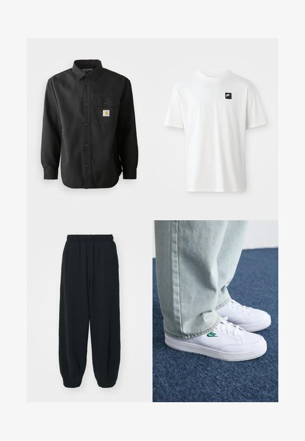 Črna majica z dolgimi rokavi z gumbnim zapenjanjem, koničastim ovratnikom in žepom na prsih, ki ima logotip. Mehka, teksturirana tkanina.; Bela bomba iz 100% bombaža s kratkimi rokavi in okroglim izrezom; na levem prsnem delu ima majhen črn pravokotni logotip Nike Air.; Črne, elastične hlače za prosti čas z ohlapnim krojem, manšetami na gležnjih, gladko teksturo in brez vidnih vzorcev ali dodatkov.; Bela usnjena športna obutev z zelenim Nike logotipom, okrogla konica, ravna podplat, v kombinaciji z svetlo modrimi kavbojkami, prikazana na modrem preprogu.