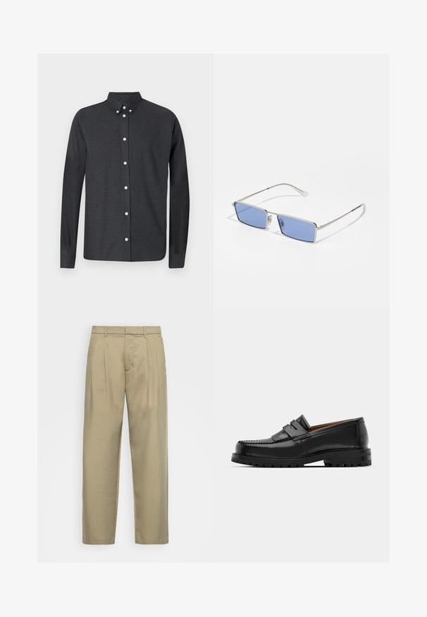 Mørkegrå skjorte med knapper laget av et teksturert stoff. Har en klassisk krage, lange ermer og hvite knapper langs fronten.; Beige, høytlivs bukser med rett snitt, med flat front, sidelommer og et jevnt, strukturert stoff.; Svart skinnloafers har en hevet søm, to dekorative stropper på oversiden, og en tykk teksturert såle for bedre grep.; Metallsolbriller med rektangulær form, blåfargede linser og sølvramme. Har nesepads og tynne, rette stenger.