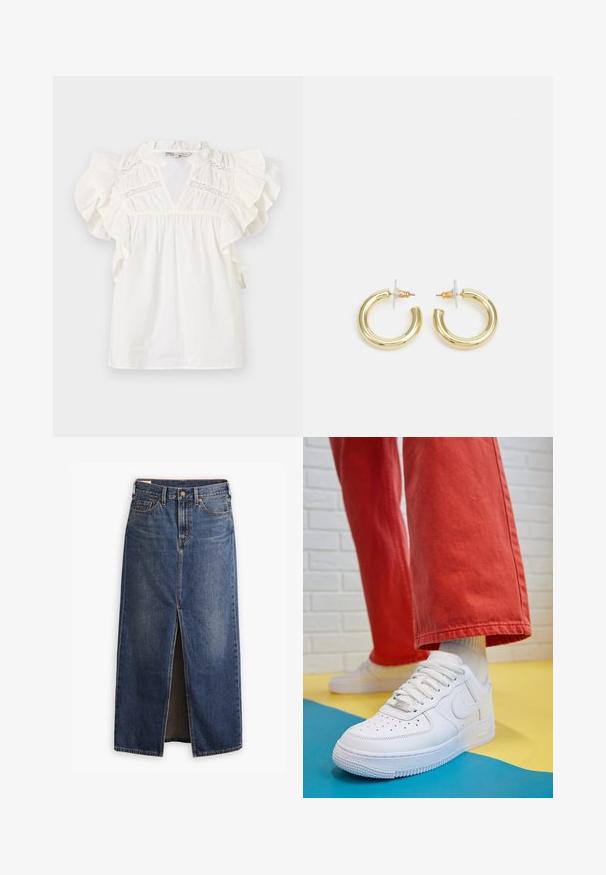 Valge pluus volangkäistega, V-kaelusega ja pitsi sisestustega rinnal. Valmistatud kerge tekstuuriga kangast.; Levi's® ANKLE COLUMN SKIRT - Maksiseelik - wave hello; Valge nahast tennis, millel on perforeeritud varvas, tekstureeritud tallad ja valged shoelaces, kombineeritud laia punase pükste ja sinise ning kollase taustaga.; Kuldne rõngassõrmused sileda ja läikiva viimistlusega. Ringikujuline disain, millel on väike post ja selge tagumine külg, et tagada kindel kandmine.