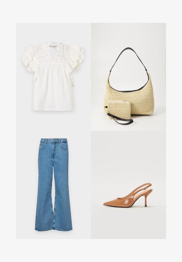 White blouse with ruffled cap sleeves, a V-neckline, and lace insert detailing on the chest. Made from lightweight, textured fabric.; Light blue flared jeans made of denim, featuring a high waist, five pockets, and a single button closure. Soft texture with faded finish.; Pointed toe slingback heel in a smooth, glossy tan material. Features a curved cutout design and a slender stiletto heel. Silver buckle detail.; Woven straw handbag with a curved silhouette, featuring a smooth black leather strap and a matching small pouch attached by a wrist strap.