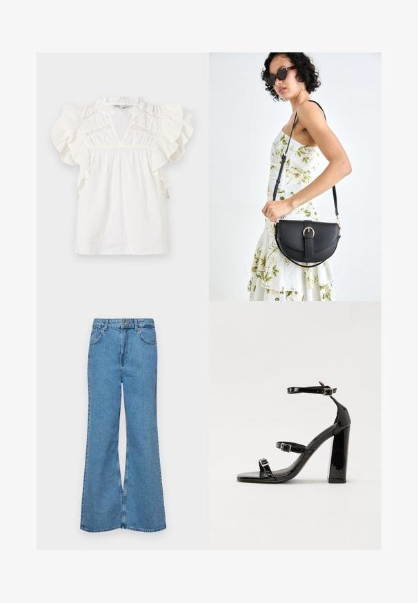 White blouse with ruffled cap sleeves, a V-neckline, and lace insert detailing on the chest. Made from lightweight, textured fabric.; Light blue flared jeans made of denim, featuring a high waist, five pockets, and a single button closure. Soft texture with faded finish.; Black patent heeled sandals with a square toe, ankle straps, and silver buckles. Features a chunky block heel for stability.; Black leather handbag with a curved shape, detachable strap, and gold hardware. The bag features a flap with a buckle detail.