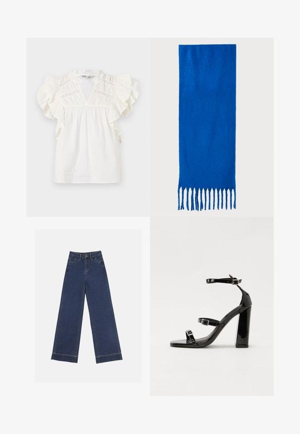 White blouse with ruffled cap sleeves, a V-neckline, and lace insert detailing on the chest. Made from lightweight, textured fabric.; Wide-leg jeans in dark blue denim. Features five pockets, belt loops, and a raw hem at the bottom with visible stitching details.; Black patent high-heeled sandals with two buckle straps, square toe, and a chunky block heel, featuring a smooth, glossy texture.; Blue fringed scarf made of soft fabric; features a solid color with a textured surface and evenly cut fringe at the bottom.