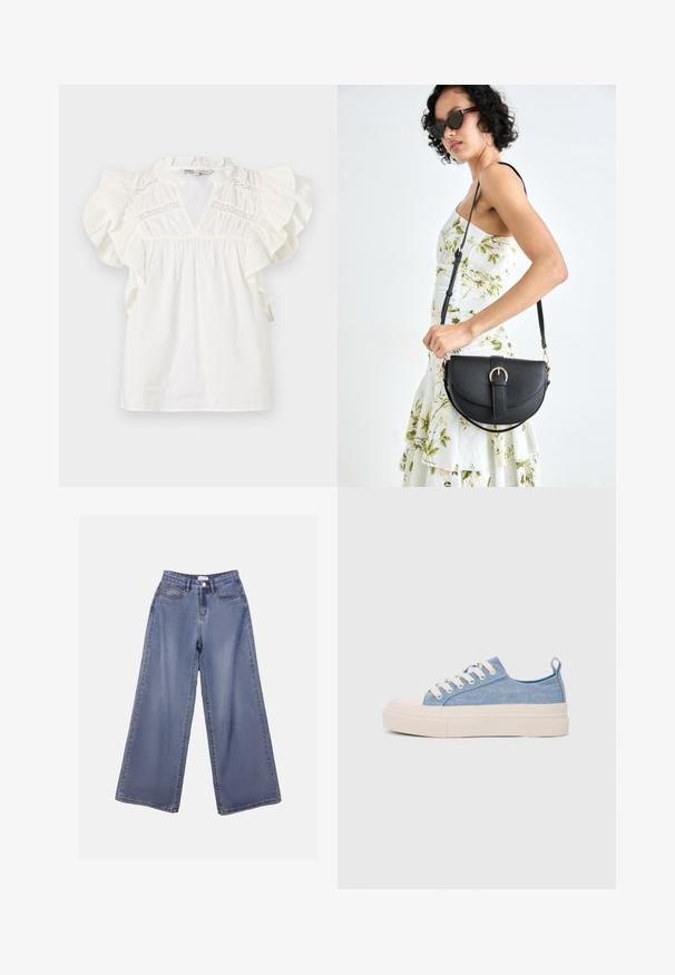 Weiße Bluse mit Rüschenshirt-Ärmeln, einem V-Ausschnitt und Spitzeinsätzen am Brustbereich. Hergestellt aus leichtem, strukturiertem Stoff.; Weite Denim-Jeans in einer hellblauen Wäsche, mit hoher Taille, Fronttaschen und einem Knopfverschluss mit Gürtelschlaufen.; Helleblaue Leinensneaker mit einer cremefarbenen Gummikappe und Außensohle, ausgestattet mit weißen Schnürsenkeln und einer Zuglasche an der Ferse.; Schwarze Lederhandtasche mit geschwungener Form, abnehmbarem Tragegurt und goldenen Beschlägen. Die Tasche verfügt über einen Deckel mit einer Schnallen-Details.