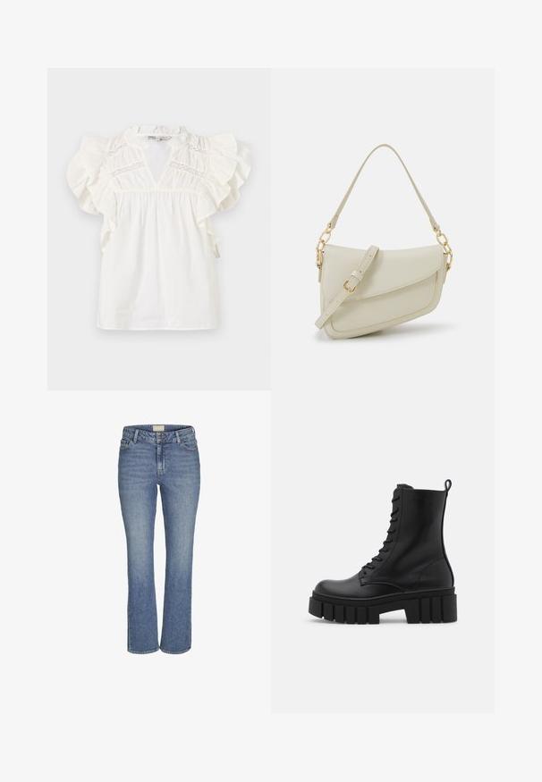 Blouse blanche avec des manches courtes à volants, un décolleté en V et des détails en dentelle sur la poitrine. Fabriquée en tissu léger et texturé.; Jeans en denim bleu moyen, coupe droite, avec fermeture à boutons et à glissière à l'avant, passants de ceinture, et poches avant et arrière.; Bottines en cuir noir avec semelle épaisse et rainurée, devant à lacets et tirette sur fond blanc lisse.; Petit sac à main crème avec une finition texturée, une longue sangle réglable, un accent en chaîne et une fermeture à rabat. Détails en matériel doré.; Boucles d'oreilles en or avec une finition lisse et brillante. Design circulaire présentant un petit clou et une attache transparente pour un port sécurisé.