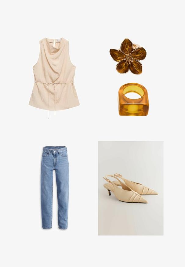 Bezrukávý béžový top s volným lněným výstřihem, měkkou texturou, nařaseným pasem s tkaničkou a uzavřením na klíčovou dírku na zádech.; Hnědý top na jedno rameno vyrobený z měkké tkaniny, se skládáním, bočním nařasením a dlouhým popruhem vyčnívajícím z ramene.; Světle modré džíny vyrobené z denimu, s uvolněným střihem, rovnými nohavicemi, pěti kapsami a roztrhanými lemy pro neformální vzhled.; Béžové kožené sandály na podpatku s špičatou špičkou a shromážděným textilním detailem. Mají nízký podpatek a nastavitelný řemínek kolem kotníku.; Prsten s květinovým vzorem v jantaru, jehož lesklý povrch je zakončen kulatým středem, spolu s odpovídajícím čtvercovým prstenem z jantaru.