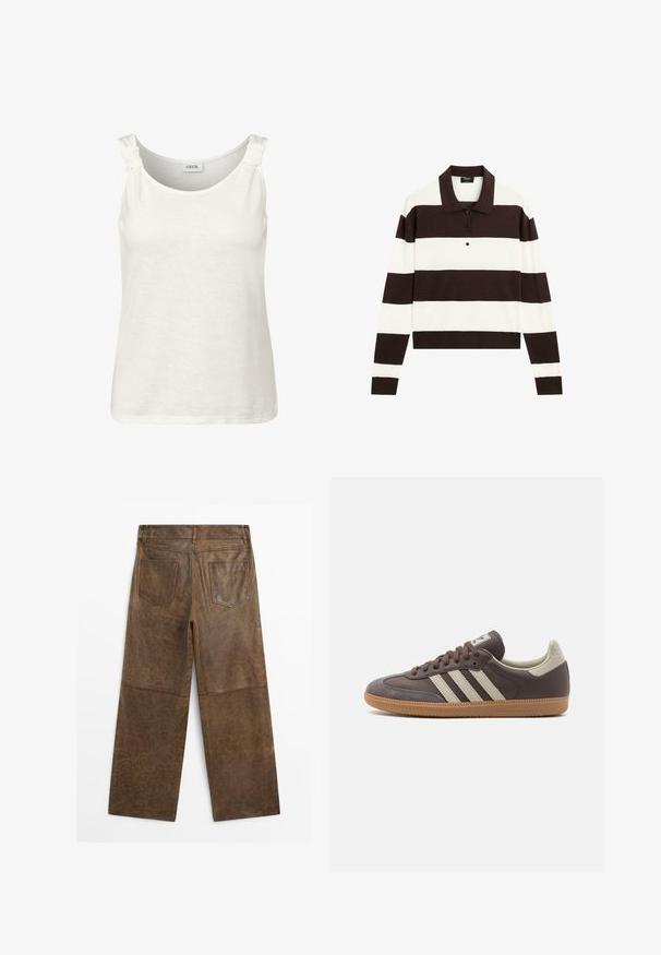 Weißes ärmelloses Tanktop mit rundem Ausschnitt und Knotendetail an den Schulterträgern. Hergestellt aus einem weichen, leichten Stoff.; Langärmliges Polohemd mit abwechselnd dunkelschokoladenbraunen und weißen horizontalen Streifen, einem Kragen und einer geknöpften Leiste. Hergestellt aus weichem Stoff.; Braune Leder-Hosen mit weitem Bein, zwei Gesäßtaschen und sichtbaren Nähten, von hinten auf einem weißen Hintergrund gezeigt.; Braune Leder-Sneaker mit drei hellen Streifen, Gummisohle, abgerundetem Zehenbereich und strukturierten Wildlederelementen an Ferse und Zehen.
