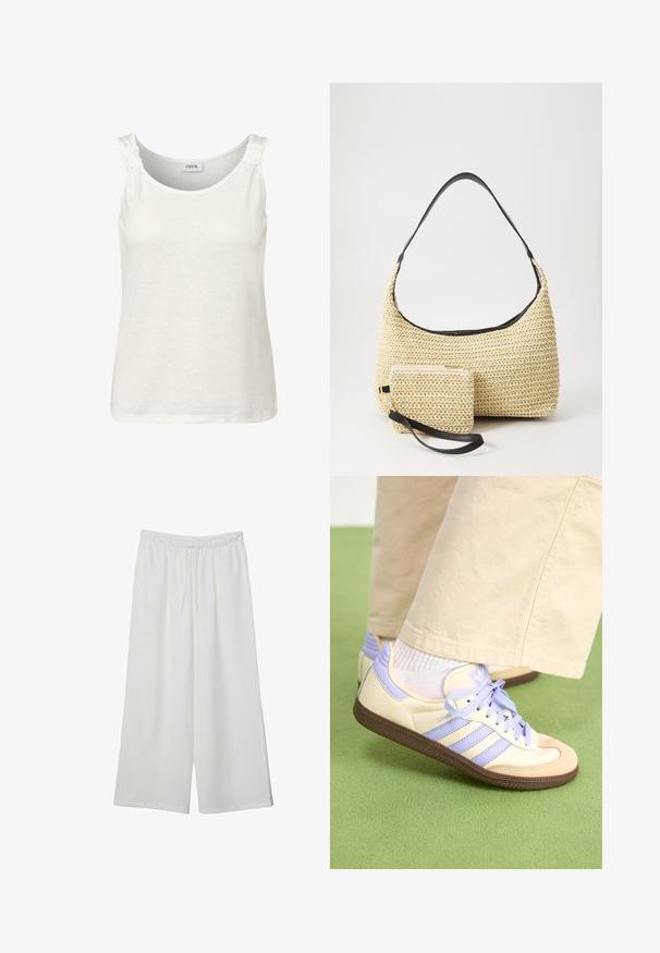 Witte mouwloze tanktop met een ronde hals en knoopdetail op de schouderbanden. Gemaakt van een zachte, lichte stof.; Witte wijde broek van lichtgewicht stof, met een elastische tailleband en een trekkoord voor een verstelbare pasvorm. Glad texture.; Crème- en lavendel-sneakers met drie strepen en een gestructureerde bruine zool, voorzien van veters en een gewatteerde hiel. Zachte stoffen bovenkant.; Geweven strohandtas met een gebogen silhouet, voorzien van een soepele zwarte leren schouderband en een bijpassend klein zakje dat is bevestigd met een polsband.