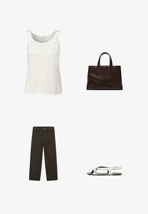 Bílý bezrukávový top s kulatým výstřihem a detailem uzlu na ramínkách. Vyrobeno z měkké, lehké tkaniny.; Tmavě zelené široké džínsy vyrobené z bavlněné směsi, s předním zapínáním na knoflík, pěti kapsami a klasickým denimovým stehem.; Bílé kožené sandály s plochou podrážkou, otevřenou špičkou a bočním přezkovým páskem. Obsahují výřezové detaily podél boků.; Hnědá kožená taška přes rameno s dvěma dlouhými uchy, strukturální obdélníkový tvar, hladká textura a jemné švy.