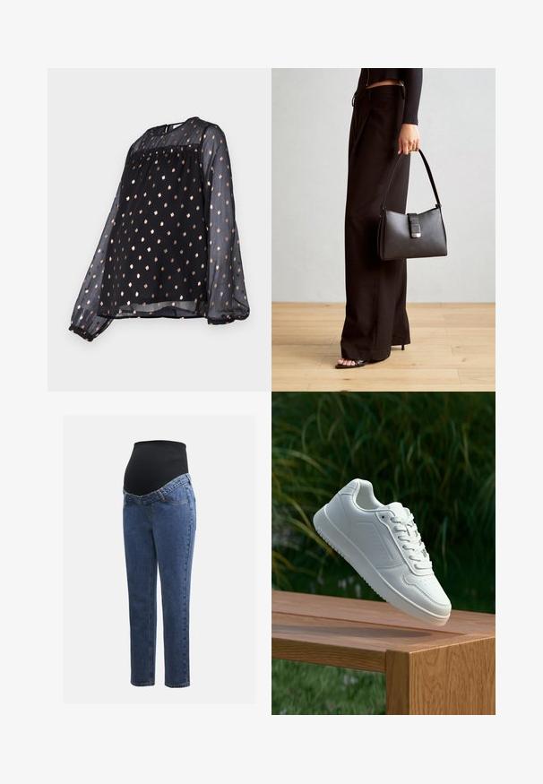 Pikad varrukad must pluus, mis on valmistatud läbipaistvast kangast ja millel on ümar kaelus ning kuldne täppide muster. Lahtine lõige ja koondatud mansetid.; Rasedusjeansid sinise denimi jalgadega ja musta veniva kõhuplaadiga, mis on mõeldud toetama ja katma kasvavat kõhtu.; Valged sneakerd, millel on sile sünteetiline ülemine osa, väikeste aukudega varvaskast, lamedad paelad ja tekstuuriga tald, eksponeeritud puidust pinnal.; Must musta kott, millel on struktureeritud kuju, sile tekstuur ja metallist klamber. Kombineeritud laiate mustade pükstega ja avatud varvaste sandaalidega puidust põrandal.