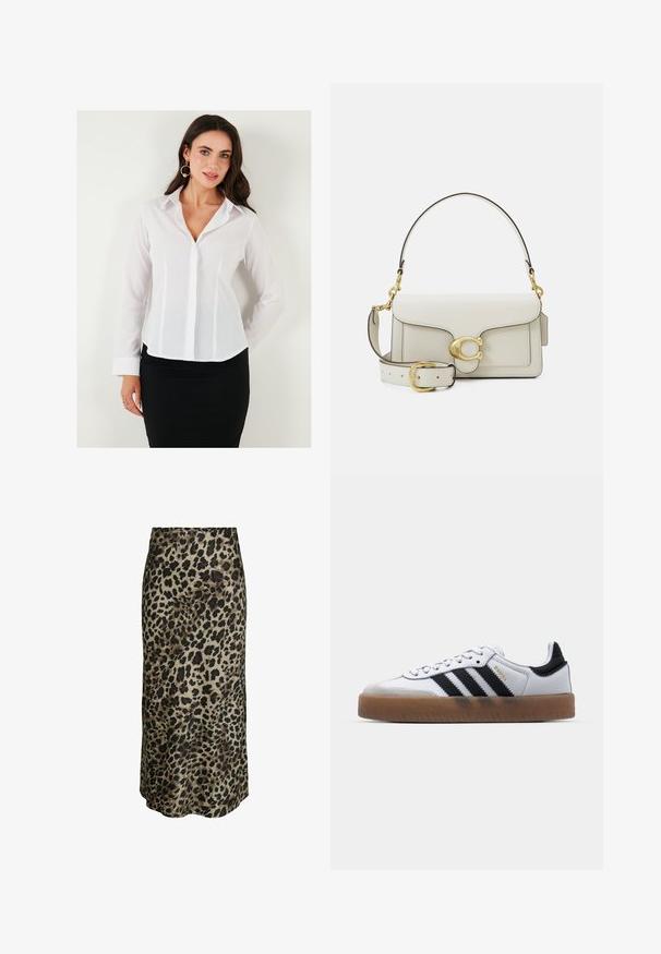 Biela košeľa s dlhými rukávmi, golierom, zapínaním na gombíky a vertikálnymi švami. Kombinuje sa s čiernou sukňou pre profesionálny vzhľad.; Midi sukňa s leopardím vzorom vyrobená z hodvábneho materiálu. Má hladkú štruktúru, neutrálny béžový podklad a tmavohnedé a čierne škvrny.; Biele kožené tenisky s čiernymi pruhmi, gumová podrážka, okrúhla špička, šnurovanie a mäkký sivý semišový špička.; Biela kožená kabelka so zlatými kovovými doplnkami, vybavená klopou a odnímateľným, nastaviteľným remienkom. V strede zaoblený kovový detail.