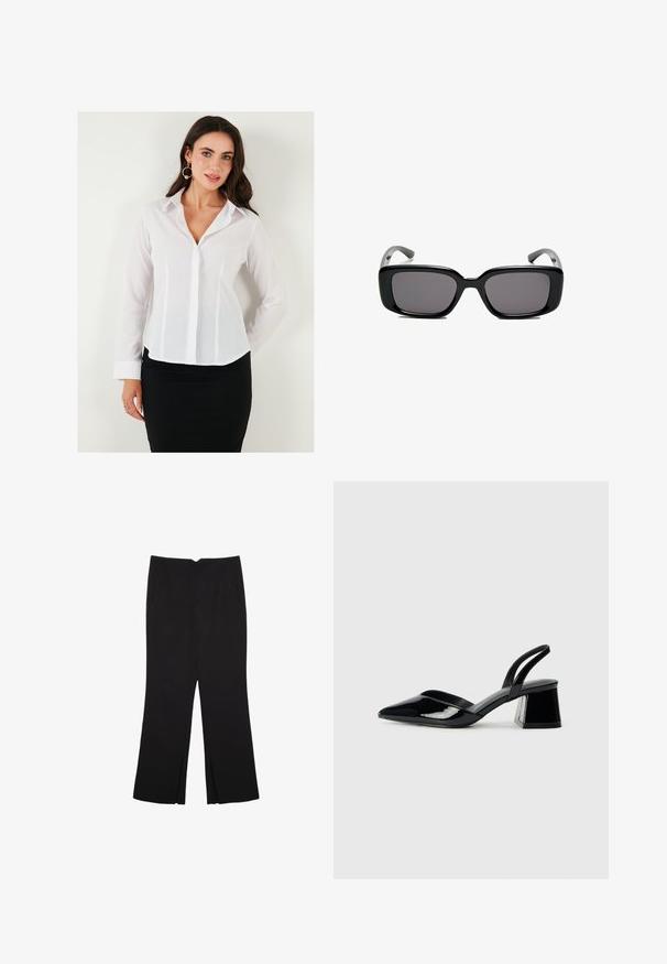 Bela srajca z dolgimi rokavi in ovratnikom, spredaj z gumbi ter navpičnimi šivi. Odlično se ujema z črno krilom za profesionalen videz.; Črne hlače ravnega kroja z naglavnimi žepi in stranskimi razporki na robu. Narejene iz mehke, gladke tkanine. Primerne za različne priložnosti.; Črne lakirane slingback pete s koničastim nosom in geometrijsko blokasto peto. Imajo eleganten, minimalističen dizajn in gladko teksturo.; Črne pravokotne sončne očala z temnimi lečami, gladkim plastičnim okvirjem in ukrivljenimi nogicami. Oblika je robustna in minimalistična.