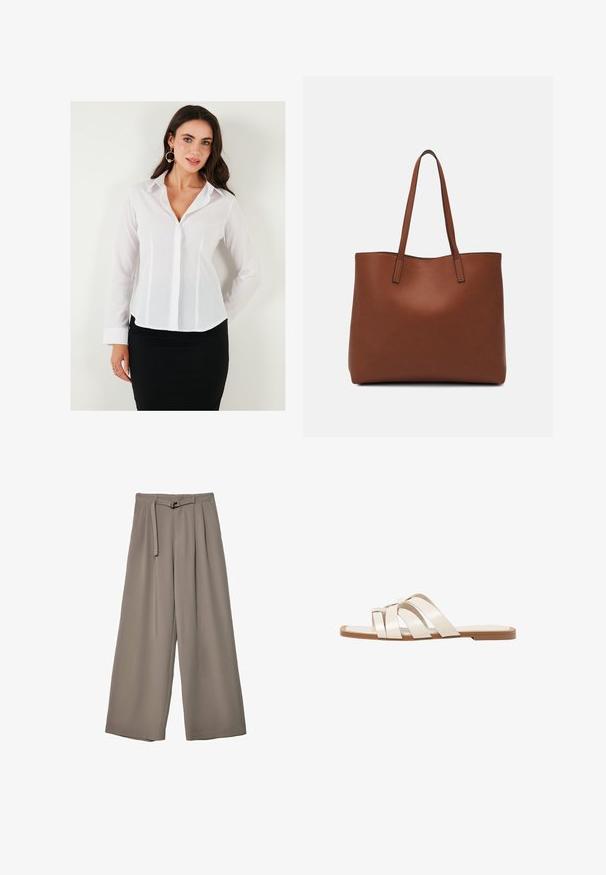 Bijela košulja dugih rukava s ovratnikom, kopčanjem sprijeda i vertikalnim šavovima. Uparuje se s crnom suknjom za profesionalni izgled.; Široke hlače u mekoj, prigušenoj sivoj tkanini, s remenom na struku i plisiranim detaljima za dodatni dizajn. Glatka tekstura, bez uzoraka.; Ravne sandale s smeškom od gume, dizajnirane s tri preklapajuće bele kožne trake i malim detaljem mašne u sredini.; Smeđa kožna torba preko ramena s glatkom teksturom, otvorenim vrhom i dvjema naramenicama. Ima minimalne šavove i nema vidljivog hardvera.