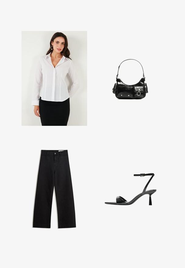 Fehér, hosszú ujjú ing, gallérral, gombos elülső résszel és függőleges varrásokkal. Fekete szoknyával párosítva professzionális megjelenést kölcsönöz.; Fekete, bő szabású farmernadrág magas derékkal, elülső és hátsó zsebekkel, varrott felületekkel és gombos záródással. Sima textúra.; Bershka Magas sarkú szandálok - black; Fekete lakkbőr kézitáska ívelt formával, egy vállpánttal, elülső zsebekkel és ezüstszínű fémrészletekkel.