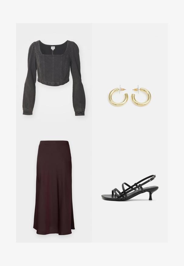 Lühendatud must denimpall, millel on ruudukujuline kaelus, pikad puffvarrukad ja eesmine õmblusdetail. Kude näib olevat tekstureeritud ja kergelt tuhm. ; Burgundia satiinist midi-seelik sujuva tekstuuriga, sirge lõikega ja veidi laieneva hemiga. Ei ole nähtavaid mustreid ega metallosi.; Mustad musta kandaga sandaalid, millel on mitmed risti minevad rihmad. Sile materjal, terav nina ja kitsas konts. Reguleeritav pahkluuri rihm klambriga.; Kuldne rõngassõrmused sileda ja läikiva viimistlusega. Ringikujuline disain, millel on väike post ja selge tagumine külg, et tagada kindel kandmine.