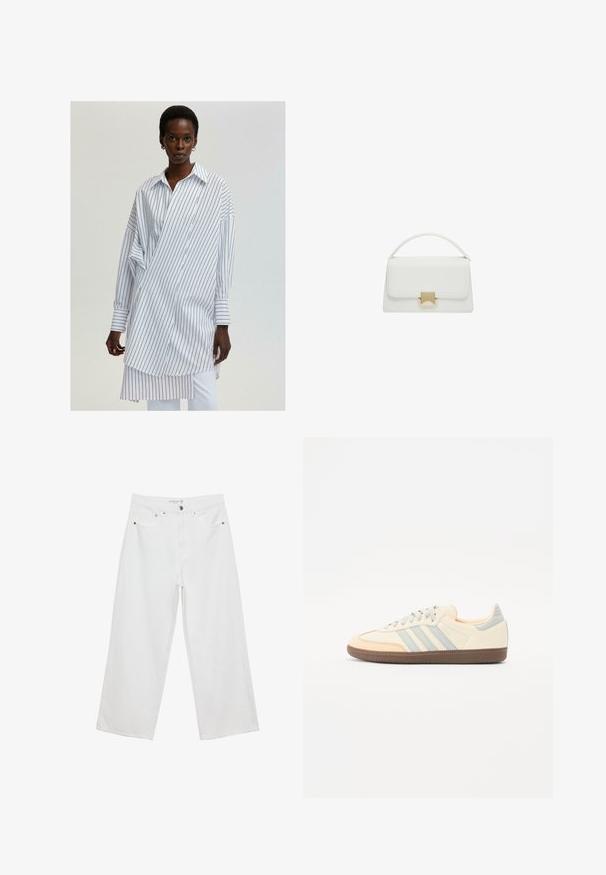 Touché Privé STRIPED LONG WITH TIES - Camicetta - white; Jeans bianchi a gamba larga realizzati in denim con vita alta, dotati di cinque tasche e dettagli in metallo. Texture liscia, senza motivi visibili.; Sneaker con una toma in pelle crema, strisce azzurre chiare e accenti pesca. Presenta una suola in gomma marrone testurizzata e un design minimalista.; Borsa a tracolla bianca in pelle con design strutturato, dotata di manico superiore e chiusura in metallo dorato. Texture liscia e accenti minimalisti.