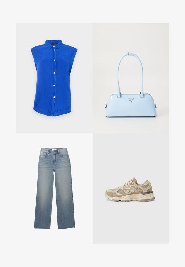 Cămașă albastră fără mâneci, din bumbac, cu guler, placket frontal și tiv curbat. Textură netedă, croială lejeră.; Jeans de blugi de culoare albastru deschis, cu picioare largi, realizate din denim, având talie înaltă, buzunare frontale și închidere cu nasture. Textură netedă cu zone estompate.; Adidași atletici bej din materiale din plasă și suede, cu vârf rotund, talpă groasă și accente reflectante notabile pe lateral.; Geantă de mână bleu deschis, cu o formă structurată, din piele netedă, două mânere și un logo de brand triunghiular pe față. Închidere cu fermoar.