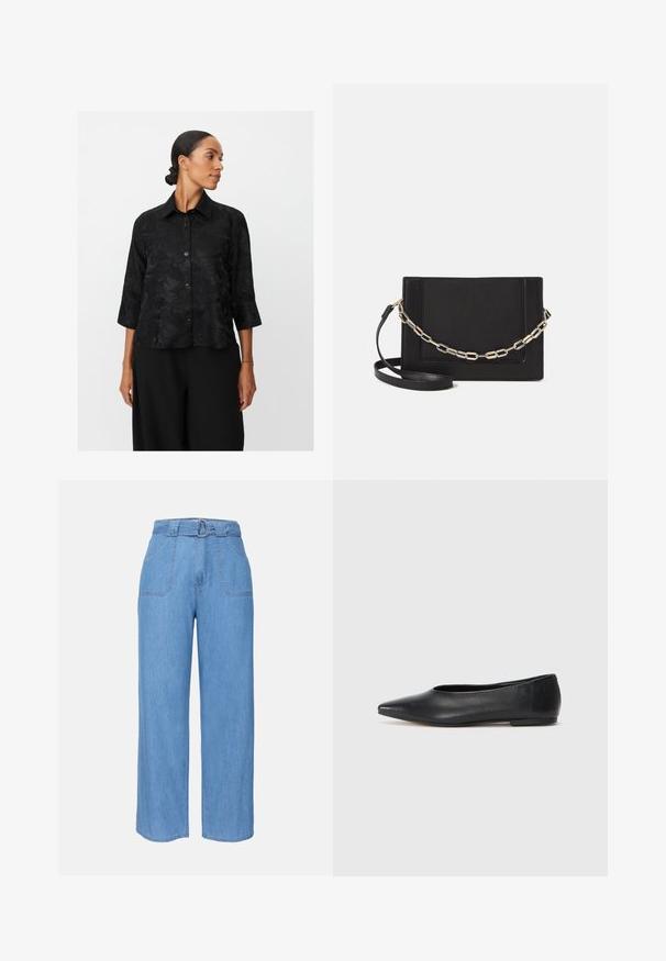 Camisa negra de botones con mangas de tres cuartos, patrón floral texturizado, cuello y botones en la parte delantera. Combinada con pantalones anchos negros.; Pantalones de mezclilla de pierna ancha en azul claro con cintura ajustable, dos bolsillos frontales y una textura lisa. Presenta un diseño minimalista y líneas limpias.; Bailarinas de cuero negro, punta afilada, diseño minimalista, textura suave, tacón bajo, sin herrajes ni adornos visibles.; Bolso cruzado de piel negra con textura suave, forma rectangular y un detalle de cadena metálica en el frente. Incluye una correa ajustable.