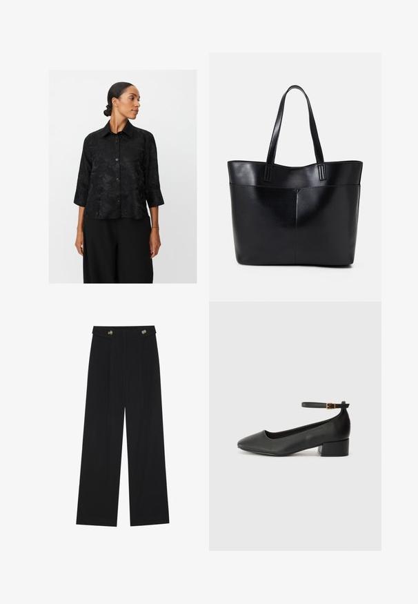 Sort skjorte med knapper og trekvartærmer, tekstureret blomstermønster, krave og frontknapper. Kombineret med brede sorte bukser.; Sorte vide bukser med høj talje, knapdetaljer på taljebåndet og frontfald.; Sorte læderpumper med spids tå og en lav blokhæl. Har en ankelrem med en guldfarvet spænde. Glat tekstur.; Sort læder tote taske med to lange håndtag, en glat tekstur og en struktureret form. Har en forlommem for ekstra opbevaring.