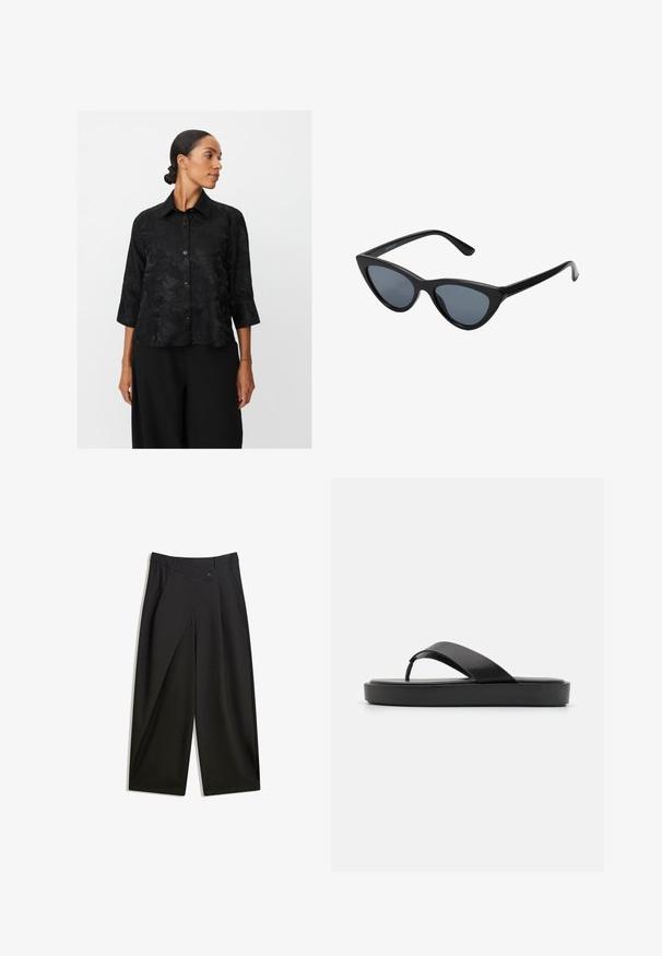 Sort skjorte med knapper og trekvartærmer, tekstureret blomstermønster, krave og frontknapper. Kombineret med brede sorte bukser.; Sorte vidde bukser lavet af glat stof. Har en frontfold, knaplukning og en skræddersyet talje for en strømlinet pasform.; Sorte klip-klap sandals med en glat overdel og en tekstureret sål. Minimalistisk design med en lavprofil silhuet.; Sorte katteøje solbriller med mørkegrå linser, slankt plastisk stel, spidse hjørner og lige stænger. Ingen synlig hardware eller dekorationer.; Naturlig vævet stråtaske med en tekstureret overflade, stor åben top, buet form og en mørk læderrem. Har en sort accent i bunden.
