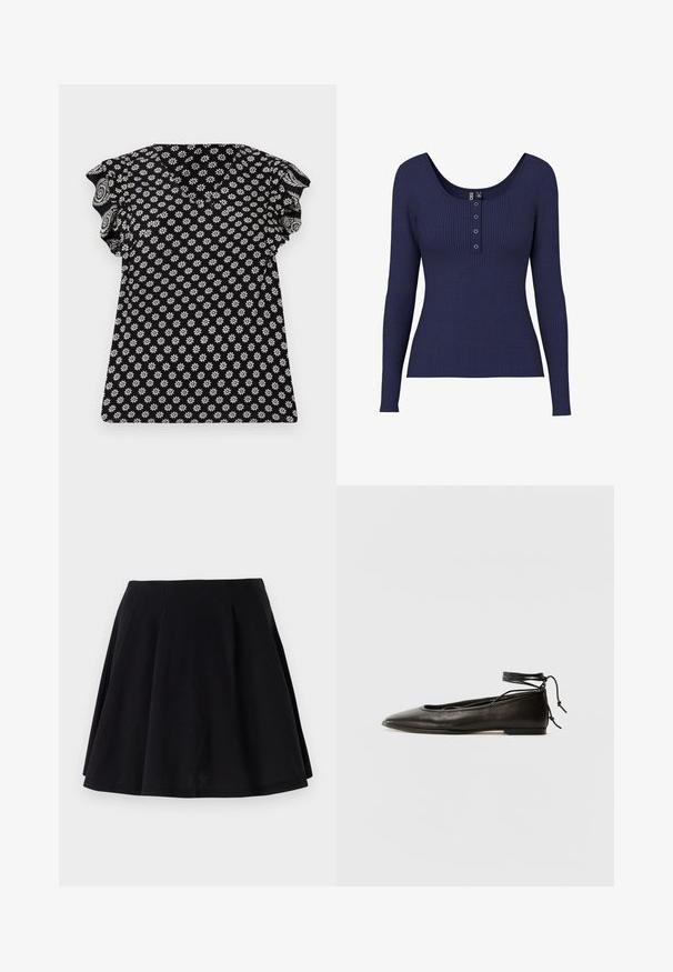 Svart topp med blommigt vitt mönster, V-ringning, volangärm, och figurnära design, med en texturerad tyg med små blommor.; Mörkblå ribbad långärmad topp med rundad halsringning och knäppning med tre metallknappar i mitten.; Svart bomullskjol med en utsvängd siluett, med veck längs midjeområdet och en mjuk textur. Lämplig för avslappnad användning.; Svarta läderballetskor med spetsig tå, ankelsnöre och platt sula, med en slät yta och minimalistisk design.
