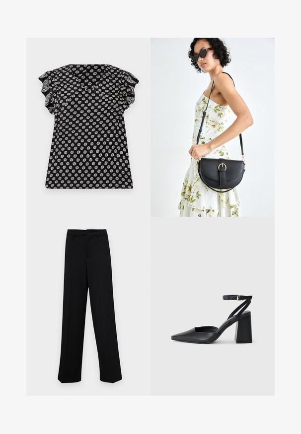 Mustat ülemine osa, millel on valge lillemuster, V-kaelus, rippuvad lühikesed varrukad ja keha poole voolite disain, millel on tekstuuriga kangas väikeste lilledega.; Musta laiad püksid siledast kangast, millel on klassikaline vöökoht, nööbiga sulgemine ja ees voldid.; Mustmustest must-käigukingad, millel on konksuga nöör ja paks konts. Ühtlane tekstuur, stiilne disain ja minimalistlik esteetika.; Mustmust mustraha kõverate joontega, eemaldatava rihmaga ja kuldsete detailidega. Kotil on klapp, millel on pandladetail.