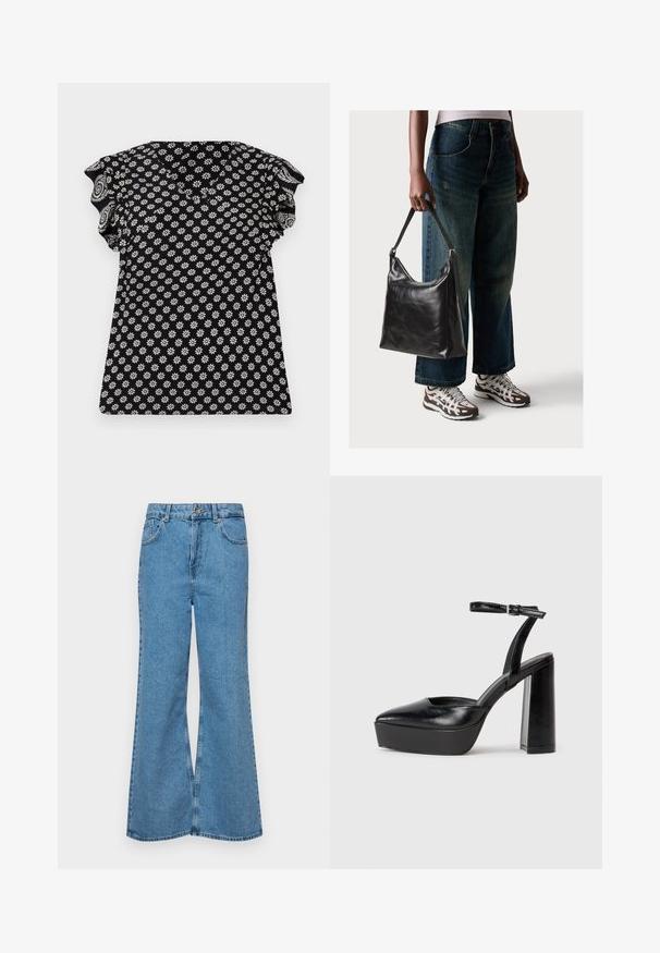 Zwarte top met een wit bloemenpatroon, V-hals, gerimpelde korte mouwen en een aansluitend design, voorzien van een gestructureerde stof met kleine bloemen.; Lichtblauwe flared jeans van denim, met een hoge taille, vijf zakken en een enkele knoopsluiting. Zachte textuur met een vervaagde afwerking.; Zwarte plateauhakken met een puntige neus en verstelbare enkelband. Gemaakt van soepel leer, met een robuuste blokhak.; Zwarte leren schoudertas met een gladde textuur en een verstelbare strap, gecombineerd met vervaagde wijde jeans en sportieve sneakers.