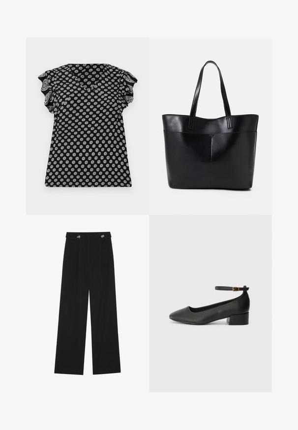Črn top s cvetličnim belim vzorcem, V-izrezom, nabranimi kratkimi rokavi in prilegajočim oblikovanjem, z teksturirano tkanino z majhnimi cvetovi.; Črne široke hlače s visokim pasom, gumbnimi detajli na pasu in sprednjimi gubami.; Črne usnjene pumpice z nazobčanimi prsti in nizko blokasto peto. Imajo trak okoli gležnja z zaponko v zlatem tonu. Gladka tekstura.; Črna usnjena torba z dvema dolgima ročajema, gladko teksturo in strukturirano obliko. Ima sprednji žep za dodatno shranjevanje.