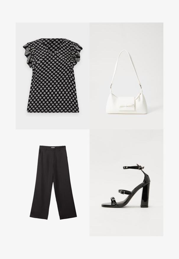 Czarny top z kwiecistym białym wzorem, dekoltem w serek, falbaniastymi krótkimi rękawami i dopasowanym krojem, wykonany z teksturowanej tkaniny z małymi kwiatkami.; Czarne spodnie z szerokimi nogawkami, wykonane z gładkiego materiału, z przednim zamkiem błyskawicznym i dwoma bocznymi kieszeniami, o dopasowanym kroju i minimalistycznym wzornictwie.; Czarne lakierowane sandały na obcasie z kwadratowym noskiem, z paskami wokół kostki i srebrnymi klamrami. Posiadają masywny słupek dla stabilności.; Biała syntetyczna torba o trójkątnym kształcie, płaskim przednim klapce i detalach w postaci kokardy, regulowanym pasku, gładkiej fakturze oraz minimalistycznym designie.