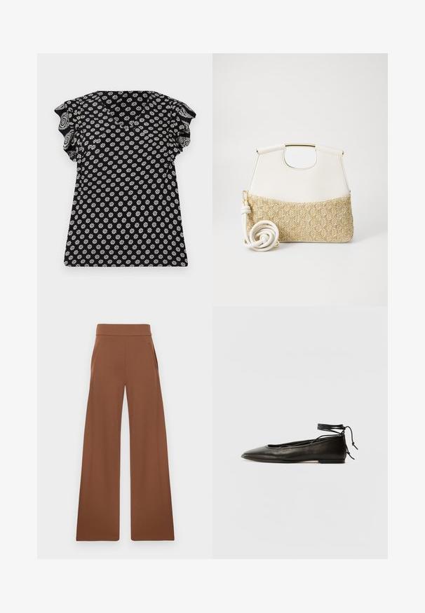 Sort top med hvidt blomsterprint, V-hals, rynkede korte ærmer og tætsiddende design, med en tekstureret stof med små blomster.; Brune bukser med bred benvidde fremstillet af et glat, strækbart stof. De har en høj talje og sidelommer, designet til en afslappet pasform.; Sorte læder ballerinaer med spids tå, ankelbinding og flad sål, der har en glat tekstur og minimalistisk design.; Hvid læder taske med en struktureret, cremet vævet bund. Har et guldtonet håndtag og en snoet hvid rem for alsidighed.