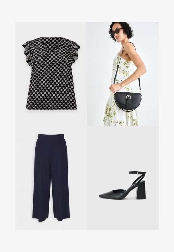 Top nero con motivo floreale bianco, scollatura a V, maniche corte con volant e design aderente, caratterizzato da un tessuto testurizzato con piccoli fiori.; Pantaloni a gamba larga in tessuto navy scuro con una texture a coste. Presentano una vita liscia e una silhouette fluida, che arriva a metà polpaccio.; Pump in pelle nera con punta affusolata, cinturino alla caviglia e tacco spesso. Texture piatta, design elegante ed estetica minimalista.; Borsa a tracolla nera in pelle con una forma curva, manico rimovibile e accessori dorati. La borsa presenta una patta con un dettaglio a fibbia.