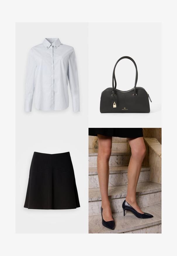 Light blue and white striped button-up shirt with a pointed collar, long sleeves, and a small embroidered logo on the chest.; Black flared skirt made from soft fabric, featuring a fitted waistband and seam detailing. Smooth texture with a simple, classic design.; Navy blue high-heeled shoes with a pointed toe, featuring a smooth and textured finish resembling crocodile skin.; Black handbag made of textured synthetic material with a curved design, gold hardware, two handles, and a detachable lock accent.; Silver drop earrings featuring a smooth, polished finish. The design includes a teardrop shape with interconnected sections.