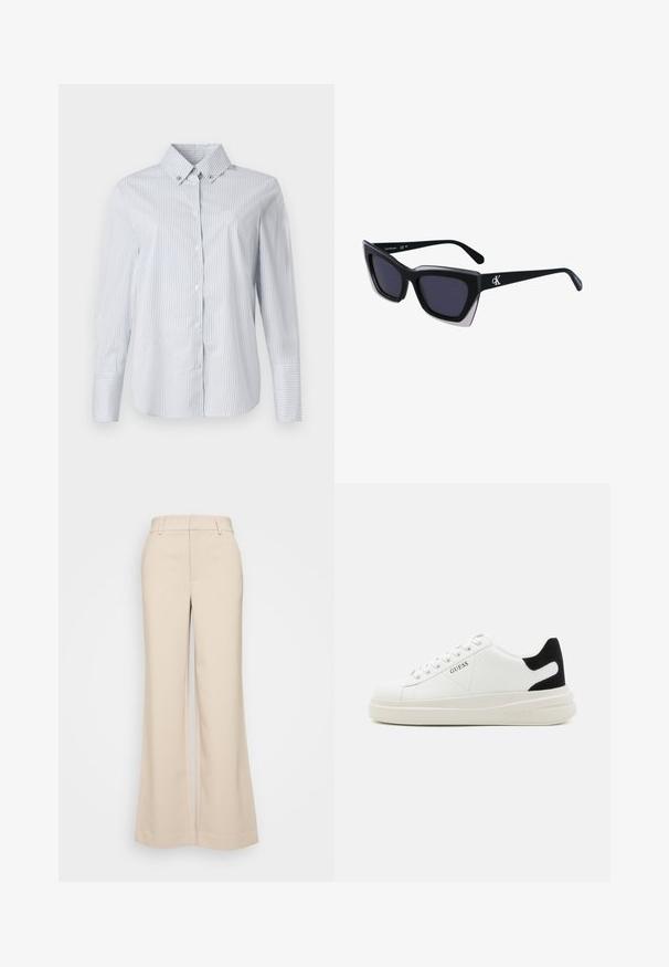 Camicia azzurra chiara a righe bianche, con colletto a punte, maniche lunghe e un piccolo logo ricamato sul petto.; Pantaloni beige a gamba larga con una texture liscia, caratterizzati da una vita alta e due tasche frontali. Design pulito con una vestibilità sartoriale.; Sneaker bianchi in pelle con suola spessa bianca, accento in suede nero sul tallone e logo impresso sul lato. Design con lacci e sei fori per i lacci.; Occhiali da sole oversize neri dalla forma geometrica, con lenti scure e un dettaglio grigio a contrasto sulla montatura. Logo sul braccio.; Orecchini a cerchio in argento con una finitura liscia e lucente. Forma arrotondata, design leggero, con chiusura a perno.