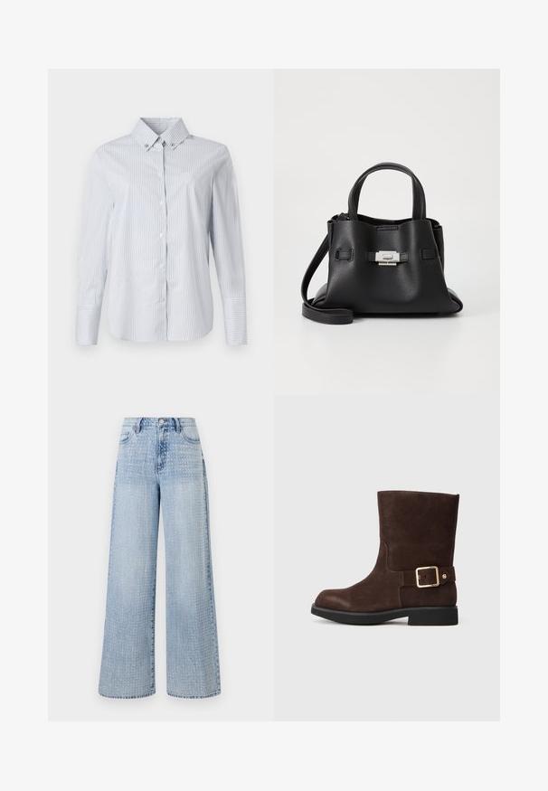 Lichtblauw en wit gestreept overhemd met knoopjes, een puntige kraag, lange mouwen en een klein geborduurd logo op de borst.; Lichtblauwe wijde jeans van denim, met een stippenpatroon op de stof en een hoge taille met een klassiek vijf-pocket ontwerp.; Bruine suède enkellaars met een ronde neus, platte zwarte zool en gouden gespaccent aan de zijkant. Gladde textuur en eenvoudig ontwerp.; Zwarte leren handtas met een gestructureerde afwerking, voorzien van twee handvatten, een verwijderbare schouderband en een zilveren sluiting.