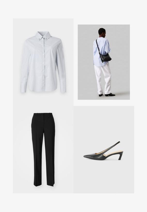 Light blue and white striped button-up shirt with a pointed collar, long sleeves, and a small embroidered logo on the chest.; Black tailored trousers with a straight-leg design, featuring a smooth texture and crisp creases along the front. No visible hardware.; Black pointy-toed slingback shoe with a low heel, featuring smooth leather material and cut-out design on the side for breathability.; Black leather shoulder bag with a soft texture, triangular shape, and adjustable strap, paired with a light blue striped shirt and white pants.