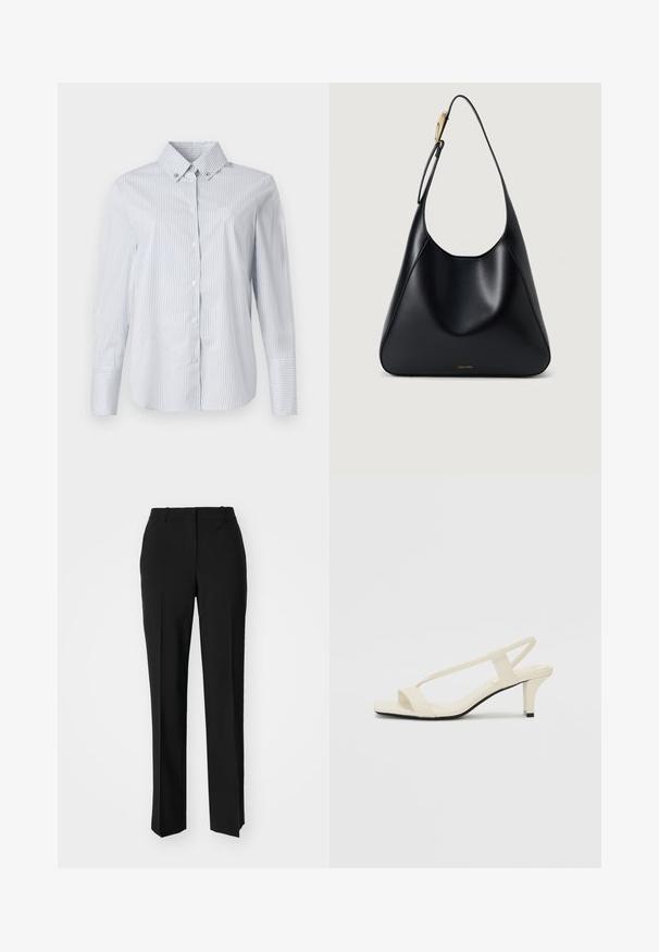 Lichtblauw en wit gestreept overhemd met knoopjes, een puntige kraag, lange mouwen en een klein geborduurd logo op de borst.; Zwarte op maat gemaakte broek met een recht model, voorzien van een soepele textuur en scherpe plooien aan de voorkant. Geen zichtbare hardware.; Beige blockhak sandalen met dunne bandjes en een vierkante neus. Glad materiaal met minimale details, ontworpen voor eenvoudig dragen.; Zwarte leren schoudertas met een gladde textuur, gebogen silhouet en een goudkleurige hardwareaccent. Beschikt over het reliëf logo van het merk aan de onderkant.