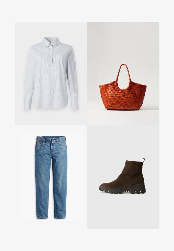 Cămașă cu dungi albastre deschise și albe, cu guler ascuțit, mâneci lungi și un mic logo brodat pe piept.; Jeans din denim albastru cu croi drept, prezentând un fermoar, două buzunare frontale și o decolorare subtilă pe întreaga țesătură.; Botină din suede maro, cu o talpă din cauciuc negru masiv, având un toc ușor și o bandă de prindere în spate pentru a fi ușor de îmbrăcat.; DRAGON DIFFUSION NANTUCKET BASKET BIG - Geantă de mână - naranja