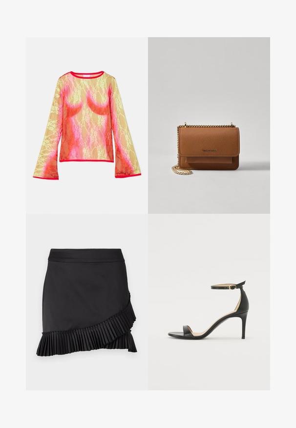 Mežģīņu garo piedurkņu tops ar dzeltenas, rozā un sarkanas krāsas gradientu, ar apaļu kakla izgriezumu un plati piedurknes. Apmale ir spilgti sarkana.; Melna svārku svārka ar krokotu apakšmalu, izceļoties ar elegantu dizainu, gludu tekstūru un asimetrisku griezumu gar apakšējo maliņu.; Melnas ādas augstpapēžu sandales ar potītes siksniņu. Iezīmes gluda tekstūra, atvērta purngala un plāna papēža. Zelta krāsas sprādzes detaļa.; Brūna teksturēta ādas plecu soma ar zelta ķēdes siksnu un atloka aizdari. Priekšpusē ir logotipa detaļa un kabata zem atloka.