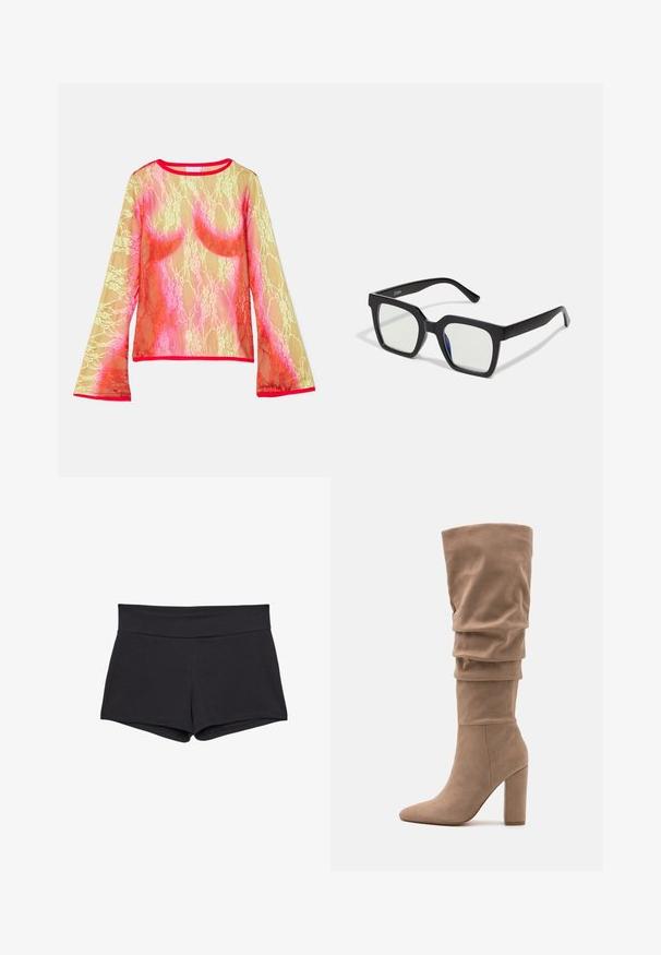 Krajkový top s dlouhým rukávem, který se vyznačuje gradientem žluté, růžové a červené, kulatým výstřihem a rozšířenými rukávy. Okraj je jasně červený.; Černé, přiléhavé šortky s širokým pasem, vyrobené z měkké, elastické látky. Konce nohavic jsou hladké bez viditelných zapínání nebo vzorů.; Anna Field Vysoká obuv - beige; Černé sluneční brýle čtvercového tvaru s matným povrchem, transparentními skly a mírným modrým nádechem na jedné straně. Robustní, ostrý design.; PULL&BEAR SHOPPER - Velká kabelka - grey