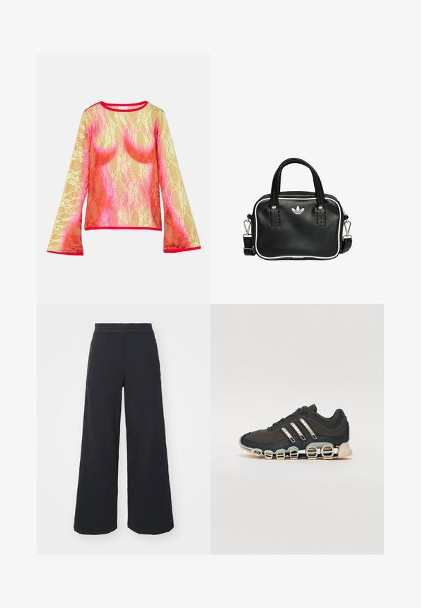 Spitzenoberteil mit langen Ärmeln, das einen Farbverlauf von Gelb über Pink bis Rot zeigt. Es hat einen runden Halsausschnitt und ausgehende Ärmel. Der Saum ist leuchtend rot.; Schwarze weite Sweatpants aus weichem Material, mit einem elastischen Taillenbund und einem kleinen Logo auf der linken Seite.; Schwarzer Sportschuh mit einer strukturierten Oberseite, drei silbernen Streifen und einer markanten Dämpfungssohle mit mehreren integrierten Sektionen.; Schwarze Lederhandtasche mit zwei kurzen Griffen, silbernem Zubehör, weißen Akzenten und einem weißen Logo. Verfügt über eine strukturierte Oberfläche und ein kompaktes Design.