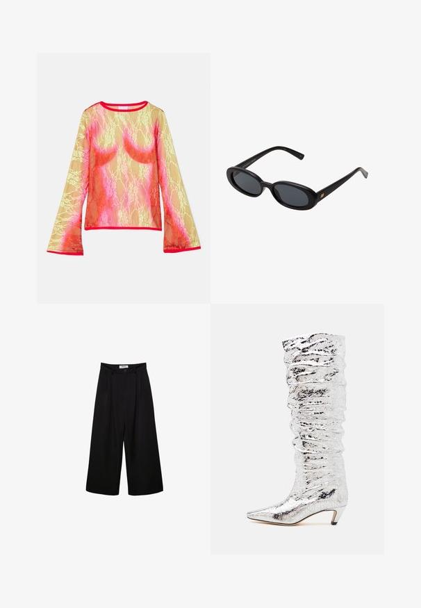 Kanten top met lange mouwen in een gradient van geel, roze en rood, met een ronde hals en uitlopende mouwen. De afwerking is felrood.; Zwarte wijde broek met een hoge taille, geplooide voorkant en knoopsluiting. Gemaakt van gladde stof met een scherp gesneden ontwerp.; Zilveren kniehoge laars met gekreukeld textuur, puntige neus en een lage hak. Gemaakt van glanzend materiaal met een reflecterend oppervlak.; Zwarte oversized zonnebril met ovale lenzen, een glad plastic montuur en gouden accenten op de pootjes. Donkere lenzen bieden bescherming tegen de zon.; Ree Projects ANN - Handtas - beige