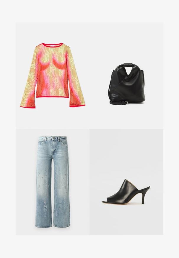 Läbivaateline pitsiline pluus pikka varruka, millel on kollase, roosa ja punase gradient, ümmargune kaelus ja laienevad varrukad. Serv on heledat punast värvi.; Heledad helesinine laiade jalgadega teksad, millel on denimist valmistatud, graadiendiga värviefekt ja hõbedaste silmadega ääristused piki suunda.; Must musta avatud varbaga king, millel on sujuv ja kumer disain, kõrge stilettokõrgus ja sile tekstuur. Siseosa on kontrastse heleda värviga.; Must ja pehme nahast kott, millel on unikaalne keerdkujuline disain. Omab lühikest kätset ja eemaldatavat õlarihma. Minimalistlik stiil.