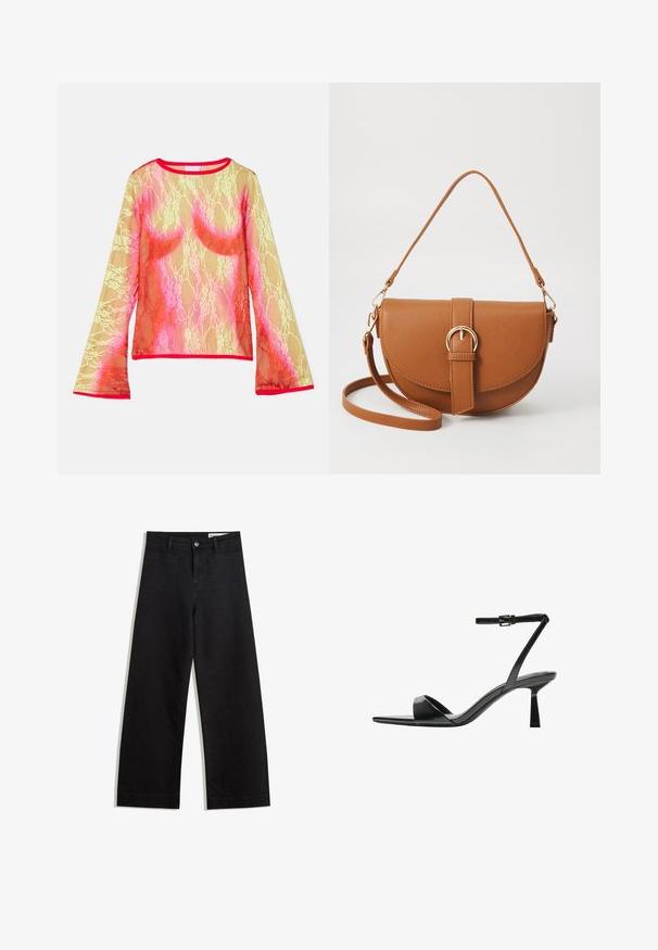 Spitzenoberteil mit langen Ärmeln, das einen Farbverlauf von Gelb über Pink bis Rot zeigt. Es hat einen runden Halsausschnitt und ausgehende Ärmel. Der Saum ist leuchtend rot.; Schwarze weit geschnittene Jeans mit hoher Taille, ausgestattet mit Vorder- und Hintertaschen, gesteppten Nähten und einem Knopfverschluss. Glatte Textur.; Bershka High Heel Sandalette - black; Braune Leder-Crossbody-Tasche mit geschwungener Form, goldfarbenen Beschlägen und einer Schnallenakzentuierung. Verfügt über einen abnehmbaren Schultergurt.