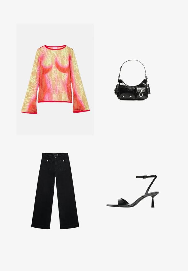 Čipkasta majica z dolgimi rokavi, ki predstavlja gradient rumene, roza in rdeče barve, z okroglo ovratnikom in zvonastimi rokavi. Obroba je svetlo rdeča.; Črne široke kavbojke z visokim pasom, ki imajo dva sprednja žepa in kovinske gumbi. Tkanina ima gladko teksturo.; Bershka Sandali z visoko peto - black; Črna lakasta usnjena torbica s ukrivljeno obliko, enim ramenskim trakom, sprednjimi žepi in srebrnimi kovinskimi dodatki.
