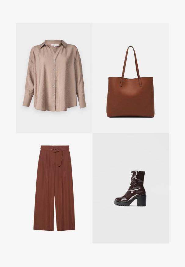 Šviesiai ruda per didelė marškinė su mygtukais, turinti klasikinį apykaklę, ilgomis rankovėmis ir šiek tiek tekstūruotu satino audiniu.; Plačios kelnių kelnės rudos spalvos audinyje, su diržu su kvadratiniu sagtimi, klostuotų dizainu ir lygiu paviršiumi.; Blizgus burgundių spalvos kulknapis su tankiu juodu kulnu, pasižymintis lygiu paviršiumi ir paprastu dizainu. Nėra matomų užsegimų ar raštų.; Ruda odinė priekabų krepšys su glotnia tekstūra, atviru viršumi ir dviem petnešomis. Su minimalia siuvimo detalėmis ir nematoma aparatūra.