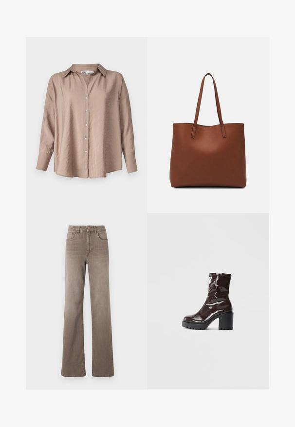 Light brown oversized button-up shirt, featuring a classic collar, long sleeves, and a slightly textured satin fabric.; Brown high-waist straight-leg jeans with front button, belt loops, and classic five-pocket design on a white background.; Glossy burgundy ankle boot with a chunky black heel, featuring a smooth texture and simple design. No visible fastenings or patterns.; Brown leather tote bag with a smooth texture, open top design, and two shoulder straps. Features minimal stitching and no visible hardware.