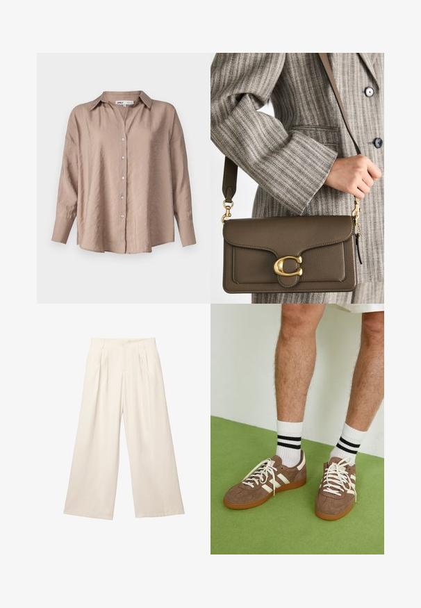 Jasnobrązowa, oversize koszula na guziki z klasycznym kołnierzykiem, długimi rękawami i lekko teksturowanym satynowym materiałem.; Spodnie o szerokich nogawkach w jasnym beżowym kolorze z miękkiej, teksturowanej tkaniny. Posiadają plisowane przody oraz elastyczny pas dla luźnego kroju.; Brązowe zamszowe sneakersy z białymi akcentami i sznurówkami. Gumowa, brązowa podeszwa. Noszone z białymi skarpetkami w czarne paski. Zielona teksturowana podłoga.; COACH - Torebka; Złoty naszyjnik z łańcuszka z wydłużonymi, prostokątnymi ogniwami. Noszony na czarnej koszuli z koronkowym kołnierzykiem, prezentujący gładkie, wypolerowane wykończenie.