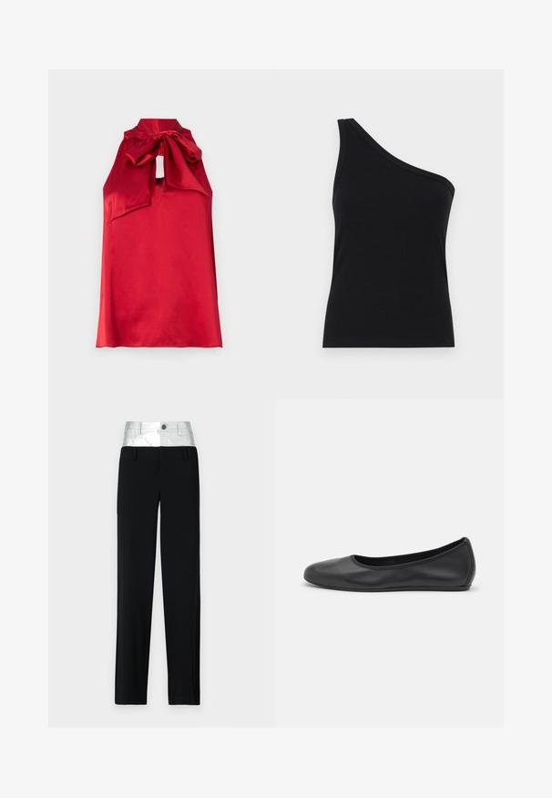 Raudonas satino be rankovių marškinėlis su aukštu kaklu, surištu kaspinu ir rakto formos išpjova. Lygus paviršius ir laisvai krentanti forma.; Juosmens juodos spalvos ribotuvas su viena petnešėle, tinkamu dizainu ir minkšta tekstūra. Išskirtinis švarus, minimalistinis kirpimas ir sklandus iškirpimas.; Juodos kelnės su blizgia sidabro juosta. Yra mygtuko uždarymas ir keturi kišenės, su pritaikyta siluetu ir tiesios kojos dizainu.; Juodai odiniai baletai su apvaliu pirštu, lygi texture, minimalus siuvimo detales ir lanksčiu padų dizainu.